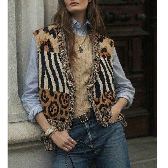 Vintage Jackets & Blazers - VTG Bronco Billy's Tapestry Fringe Vest Animal Print Pattern Play Safari Western